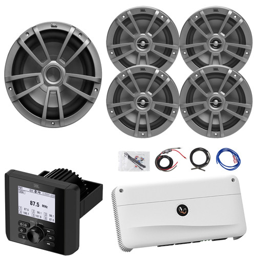 JBL JAM3000 Marine Gauge Hole Mount Bluetooth AM/FM Multi-Element Digital Media Receiver, 4x 6.5" 180W Max Power 2-Way Multi-Element Gray Boat Speakers, 10" Subwoofer, 5-Channel Amplifier W/Amp Kit