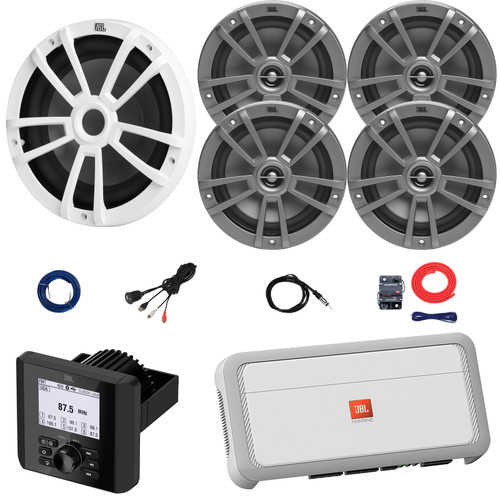 JBL JAM3000 Marine Bluetooth USB AM/FM Radio Gauge Hole Mount Receiver, 4x 6.5" 180W Max Speakers, 10" 600W Max Subwoofer, 5-Channel Amplifier W/Kit, USB/AUX Adapter, Radio Antenna, Speaker Wire