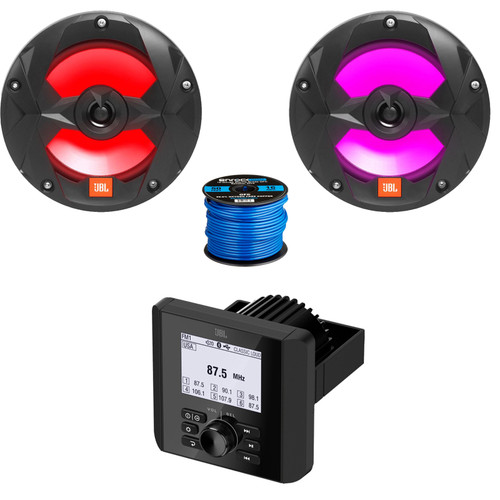 JBL JAM3000 Marine Gauge Hole Mount Bluetooth AM/FM Radio Multi-Element Digital Media Receiver, 2x 6.5" 225W Max Power 2-Way Multi-Element RGB LED Black Boat Speakers, 50 Feet 16 Gauge Speaker Wire