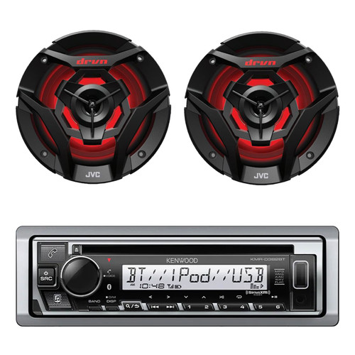Kenwood KMR-D382BT Single DIN Marine USB AUX Bluetooth CD Stereo Receiver, 6.5" 260 Watt Max Power 2-Way Multicolor LED Boat Audio Black Speakers (Qty 2)