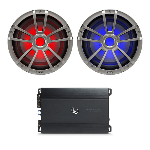 One Pair (QTY 2) of Infinity Reference 1022MLT 10" 750W Max Power Multi-Element RGB LED Marine Audio Titanium Subwoofer, Infinity Primus 3000A 300W RMS Power Compact Mono Subwoofer Car Audio Amplifier