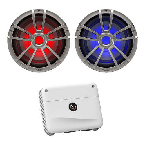 One Pair (QTY 2) of Infinity Reference 1022MLT 10" 750W Max Power Multi-Element RGB LED Marine Audio Titanium Subwoofer, Infinity 6001A 1200W Max Mono Class D Boat Amplifier w/Remote Bass Control