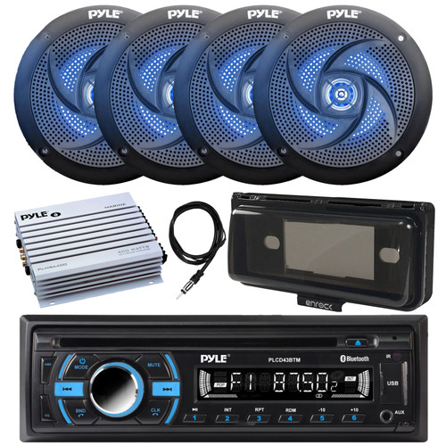Pyle PLCD43BTM Single DIN Marine USB Bluetooth CD Stereo Receiver, 6.5" 240 Watt 2-Way Low-Profile Blue Flashing LED Boat Audio Speakers (Black, Qty 4), 4-Channel Amplifier, Antenna, Black Radio Cover