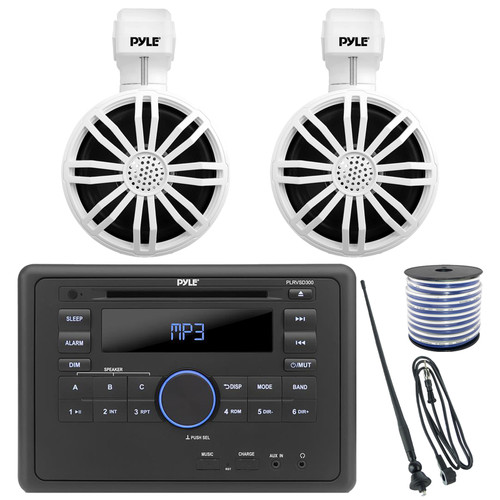 Pyle PLRVSD300 Single DIN AM/FM Marine Radio HDMI Bluetooth CD/DVD Stereo Receiver, 3.5" 20 Watt Max Off-Road Waterproof Outdoor Speakers (White, Pair), Antenna, 18 Gauge 50 ft Wire