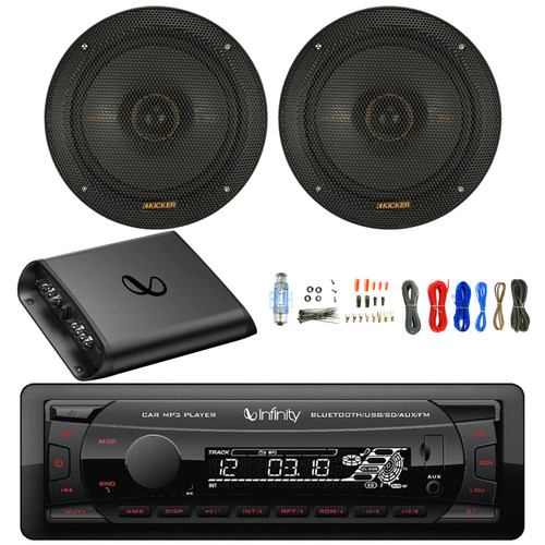 Infinity Alpha 100 Single DIN Bluetooth USB/AUX SD FM Radio MP3 Digital Media Receiver, 2x 6.5" 200 Watt Max 2-Way Thin-Mount Car Audio Speakers, 2-Channel Amplifier with Wiring Install Kit
