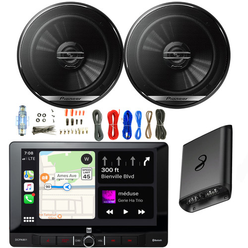 Dual Electronics DCPA901 Single DIN 9" LCD Touchscreen Bluetooth AM/FM Digital Media Stereo Receiver, 2x 6.5" 300 Watt Max 2-Way Car Audio Speakers, 2-Channel Amplifier w/Wiring Install Kit
