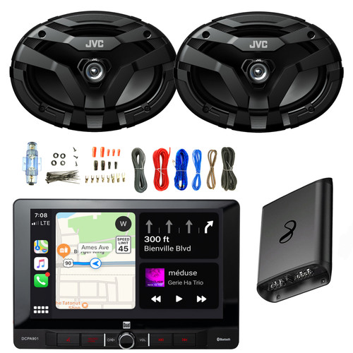 Dual Electronics DCPA901 Single DIN 9" LCD Touchscreen USB Bluetooth AM/FM Digital Media Stereo Receiver, 2x 6x9" 400 Watt Max 2-Way Car Audio Speakers, 2-Channel Amplifier w/Wiring Install Kit
