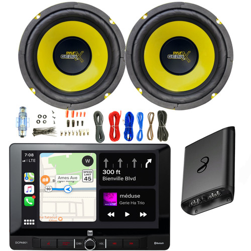 Dual Electronics DCPA901 Single DIN 9" LCD Touchscreen USB Bluetooth AM/FM Digital Media Stereo Receiver, 2x 6.5'' 300 Watt Max Mid Bass Woofer Speaker, 2-Channel Amplifier w/Wiring Install Kit
