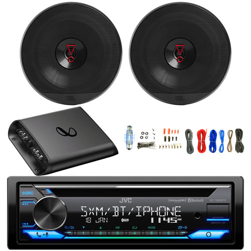 JVC KD-T920BTS Single DIN USB AUX Bluetooth AM/FM Radio CD Player   Receiverr, 2x 6.5" 225 Watt Peak Power 2-Way Car Audio Speakers, 2-Channel Amplifier with Wiring Install Kit