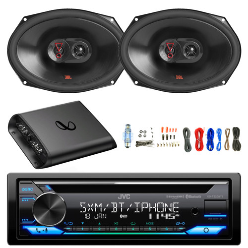 JVC KD-T920BTS Single DIN USB AUX Bluetooth AM/FM Radio CD Player   Receiver, 2x 6x9" 375 Watt Peak Power 3-Way Car Audio Speakers, 2-Channel Amplifier with Wiring Install Kit