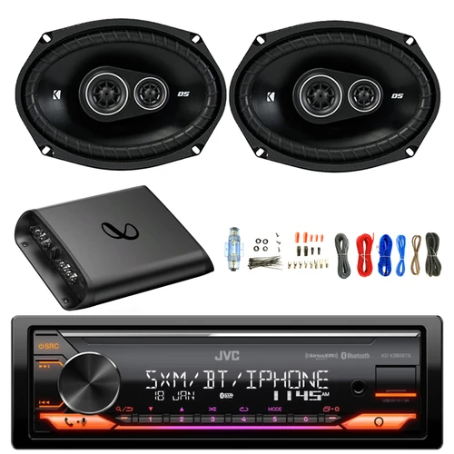 JVC KD-X380BTS Single DIN Bluetooth USB AUX AM/FM Stereo Receiver, 2x 6x9" 360 Watt Max 3-Way Car Audio Speakers, 2-Channel Amplifier with Wiring Install Kit