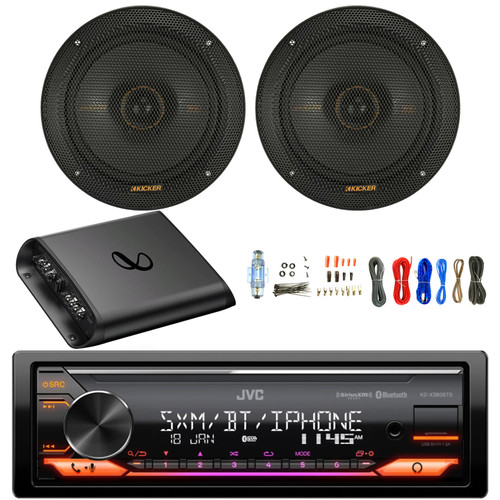 JVC KD-X380BTS Single DIN Bluetooth USB AUX AM/FM Stereo Receiver, 2x 6.5" 200 Watt Max 2-Way Thin-Mount Car Audio Speakers, 2-Channel Amplifier with Wiring Install Kit