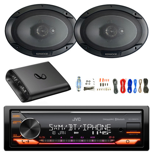 JVC KD-X380BTS Single DIN Bluetooth USB AUX AM/FM Stereo Receiver, 2x 6x9" 400 Watt Max Flush Mount 3-Way Car Audio Speakers, 2-Channel Amplifier w/Wiring Install Kit