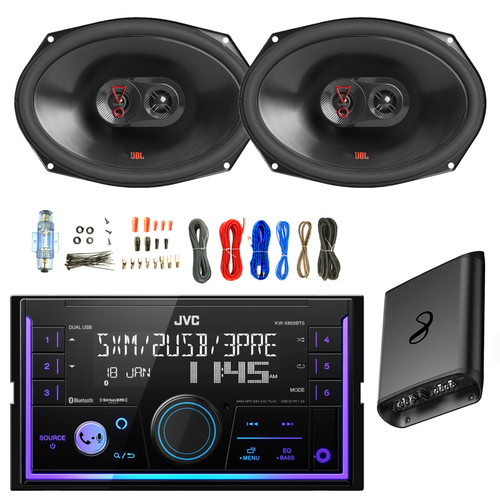 JVC KW-X855BTS Double DIN USB Bluetooth AM/FM Stereo Digital Media Receiver, 2x 6x9" 375 Watt Peak Power 3-Way Car Audio Speakers, 2-Channel Amplifier with Wiring Install Kit