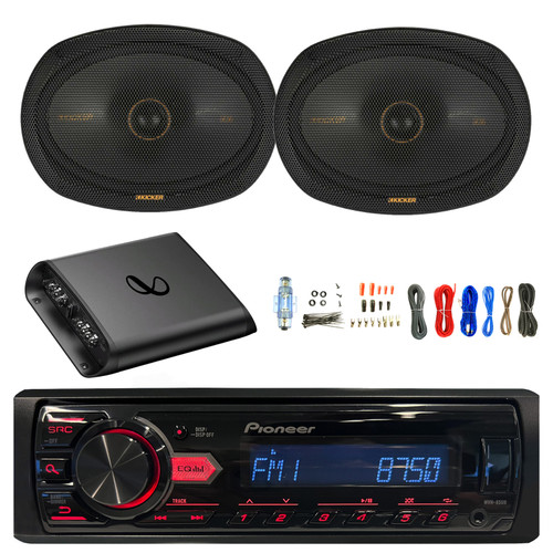 Pioneer MVH-85UB Single DIN USB AUX Stereo AM/FM MP3 Digital Media Receiver, 2x 6x9" 300 Watt Max 2-Way Thin-Mount Car Audio Speakers, 2-Channel Amplifier with Wiring Install Kit
