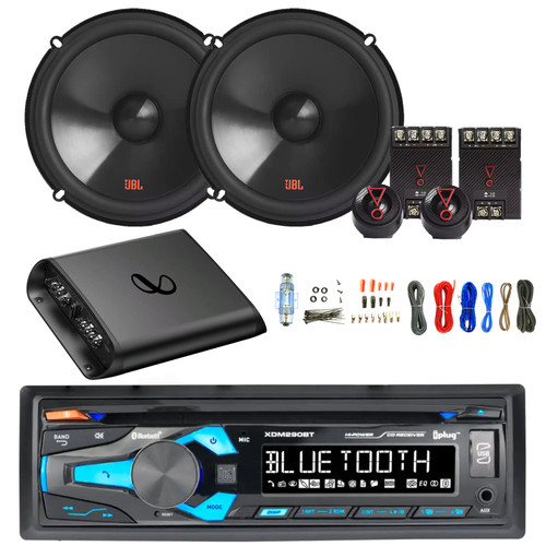 Dual Electronics XDM290BT Single-DIN Bluetooth AUX/USB MP3 Player/CD Player AM/FM Radio In-Dash Head unit Car Audio Stereo Receiver, 2x 6.5" 250W Peak 2-Way Component Speakers, 2CH Amplifier, Kit