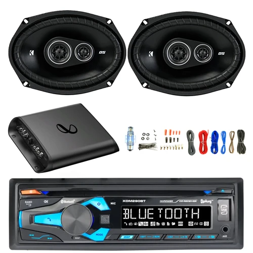 Dual In-Dash AUX USB Bluetooth AM/FM Radio MP3 CD Stereo Receiver, 2x 6x9" 360 Watt Max 3-Way Car Audio Speakers, 2-Channel Amplifier with Wiring Install Kit