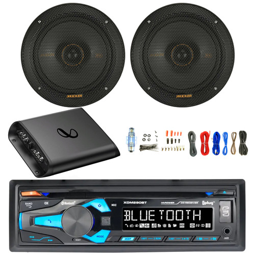 Dual In-Dash USB Bluetooth AM/FM Radio MP3 CD Stereo Receiver, 2x 6.5" 200 Watt Max 2-Way Thin-Mount Car Audio Speakers, 2-Channel Amplifier with Wiring Install Kit