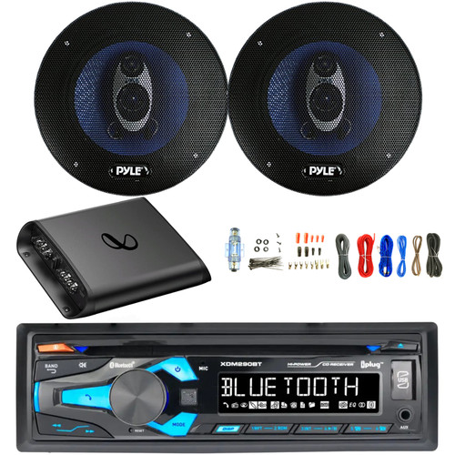 Dual In-Dash USB Bluetooth AM/FM Radio MP3 CD Stereo Receiver, 2x 6.5'' 360 Watt Max 3-Way Car Audio Speakers, 2-Channel Amplifier w/Wiring Install Kit