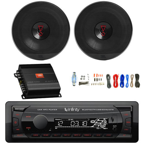 Infinity Alpha 100 Single DIN Bluetooth USB/AUX SD FM Radio MP3 Digital Media Car Receiver, 2x 6.5" 225 Watt Peak Power 2-Way Audio Speakers, 2-Channel Amplifier with Wiring Install Kit