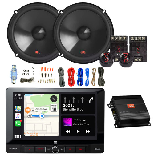 Dual Electronics DCPA901 Single DIN 9" LCD Touchscreen USB Bluetooth AM/FM Digital Media Stereo Car Receiver, 2x 6.5" 250 Watt Max 2-Way Audio Speakers, 2-Channel Amplifier with Wiring Install Kit