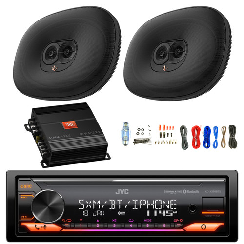 JVC KD-X380BTS Single DIN Bluetooth USB AUX AM/FM Stereo Car Receiver, 2x 6x9" 400 Watt Max 2-Way Audio Speakers, 2-Channel Amplifier w/Wiring Install Kit