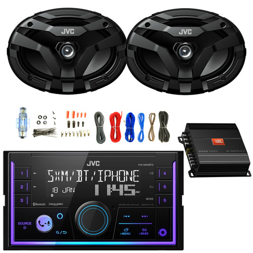 JVC KW-X850BTS Double DIN Mechless USB AUX Bluetooth AM/FM Radio Car Receiver, 2x 6x9" 400 Watt Peak Flush Mount 3-Way Audio Speakers, 2-Channel Amplifier w/Wiring Install Kit