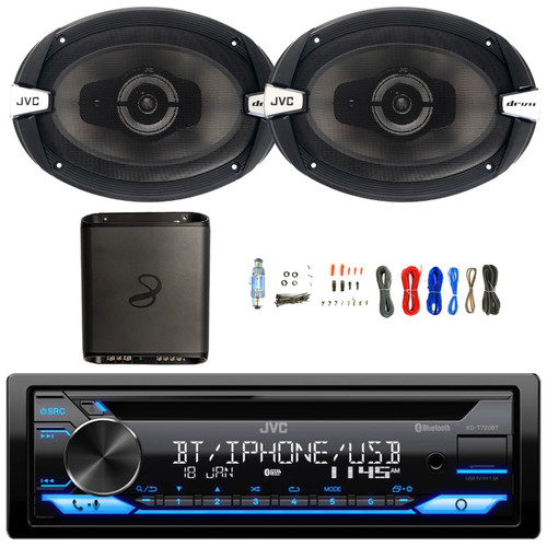 JVC KD-T720BT Single DIN Bluetooth USB/AUX CD Player AM/FM Radio Multimedia Car Audio Stereo Receiver, 2x 6x9" 500W Max Power 3-Way Automotive Speakers, 2-Channel Class AB Amplifier w/ Wiring Kit