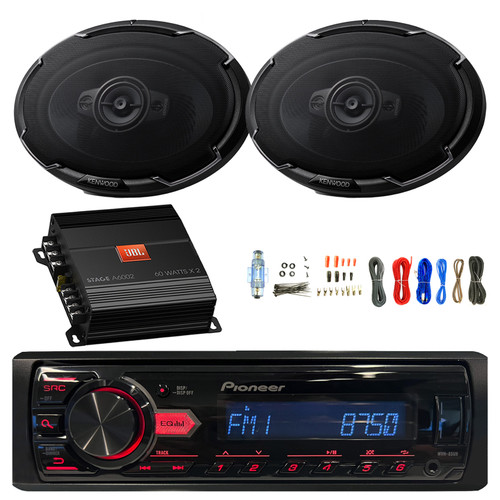 Pioneer MVH-85UB Single DIN USB AUX Stereo AM/FM MP3 Digital Media Car Receiver, 2x 6x9" 180 Watt Max 3-Way Multi-Element Audio Speakers, 2-Channel Amplifier w/Wiring Install Kit