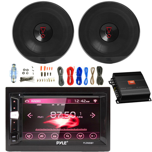 Pyle PLDN83BT.5 Double DIN 6.2" HD Digital Display USB AM/FM Radio Bluetooth CD/DVD Stereo Car Receiver, 2x 6.5" 225 Watt Peak Power 2-Way Audio Speakers, 2-Channel Amplifier with Wiring Install Kit