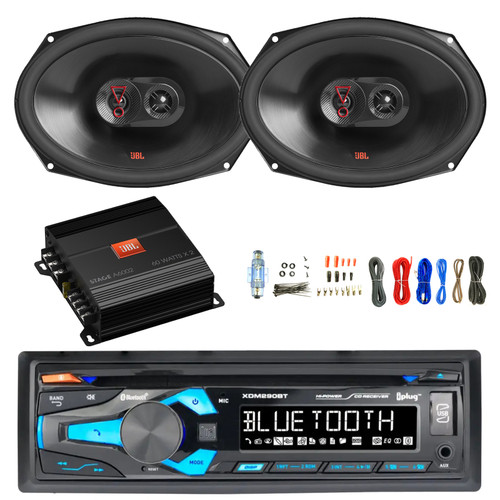Dual in-Dash USB Bluetooth AM/FM Radio MP3 CD Stereo Car Receiver, 2x 6x9" 375 Watt Peak Power 3-Way Audio Speakers, 2-Channel Amplifier with Wiring Install Kit