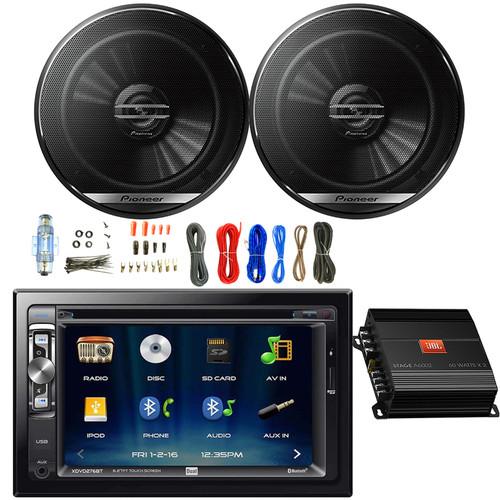 Dual XDVD276BT Double DIN 6.2" LCD Touchscreen USB/AUX Bluetooth DVD Stereo Car Receiver, 2x 6.5" 300 Watt Max 2-Way Audio Speakers, 2-Channel Amplifier w/Wiring Install Kit