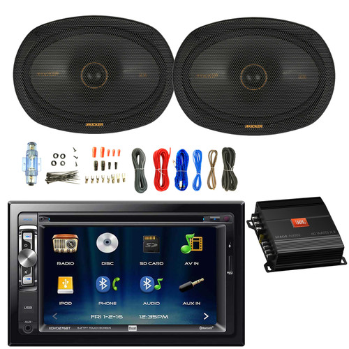 Dual XDVD276BT Double DIN 6.2" LCD Touchscreen USB/AUX Bluetooth DVD Stereo Car Receiver, 2x 6x9" 600 Watt Max 4-Way Audio Speakers, 2-Channel Amplifier with Wiring Install Kit