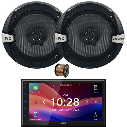JVC KW-M590BT 6.8" Capacitive Touchscreen Double-DIN Bluetooth USB AM/FM Radio Digital Media Car Audio Receiver, 2x 6.5" 300 Watts Max Power 2-Way Coaxial Automotive Speakers, 50 Feet 16G Speaker Wire