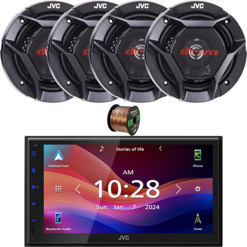 JVC KW-M595BT Double-DIN 6.8" WSVGA LCD Touchscreen Digital Media Bluetooth USB AM/FM Radio Car Audio Stereo Receiver, 4x 6.5" 300W Peak Power 2-Way Coaxial Automotive Speakers W/50 Feet 16 Gauge Wire