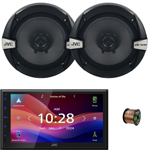 JVC KW-M595BT 6.8" WSVGA LCD Touchscreen Double-DIN Bluetooth USB AM/FM Radio Digital Media Car Audio Stereo Receiver, 2x 6.5" 300W Max Power 2-Way Coaxial Automotive Speakers, 50 Feet Speaker Wire