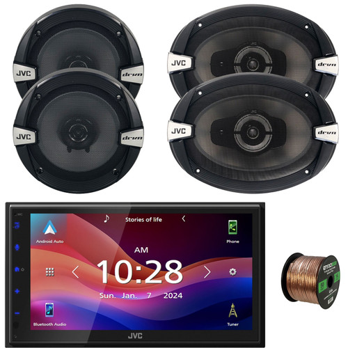 JVC KW-M595BT 6.8" WSVGA LCD Touchscreen Double-DIN Bluetooth USB AM/FM Radio Digital Media Car Audio Stereo Receiver, 2x 6.5" 300W Max 2-Way Speakers, 2x 6x9" 500W Max 3-Way Speakers, Speaker Wire