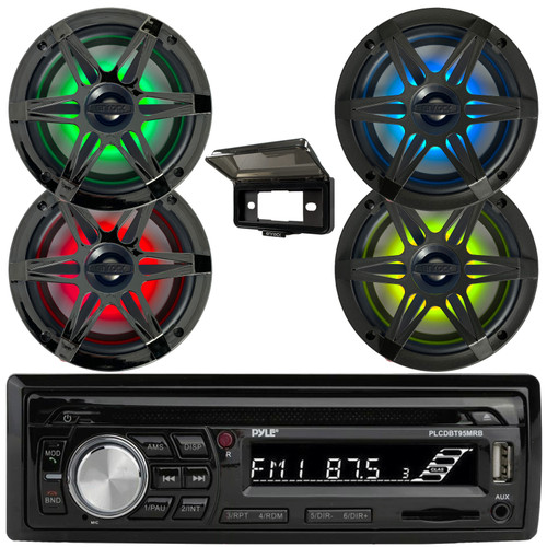 Pyle PLCDBT95 Single DIN Marine Bluetooth USB/AUX MP3/CD Player SD AM/FM Radio In-Dash Stereo Receiver W/Black Cover, 4x 6.5" 120W Max 4-Ohm RGB LED Coaxial Boat Speakers W/Charcoal and Chrome Grilles