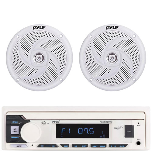Pyle PLMRB29W2 Single DIN Marine Bluetooth USB/AUX MP3 Player AM/FM Radio Stereo Receiver, 2x Pyle PLMRS5W 5.25" 180 Watt Max Power 2-Way Waterproof Low Profile Slim Style Boat White Audio Speakers