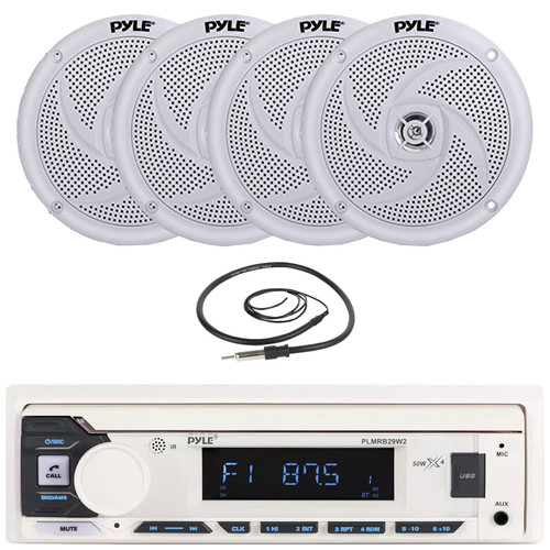 Pyle PLMRB29W2 Single DIN Marine Bluetooth USB/AUX MP3 Player AM/FM Radio Stereo Receiver, 4x 5.25" 180 Watt Max Power 2-Way Waterproof Low Profile Slim Style White Boat Speakers, 22" Radio Antenna