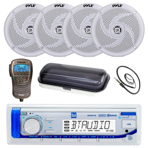 Dual Electronics MXD13 Marine Mechless USB Bluetooth AM/FM MP3 Radio Receiver, 4x 5.25" 180 Watt Max 2-Way Slim Low Profile Boat Audio White Speakers, Wireless Phone Handset, White Cover, Antenna