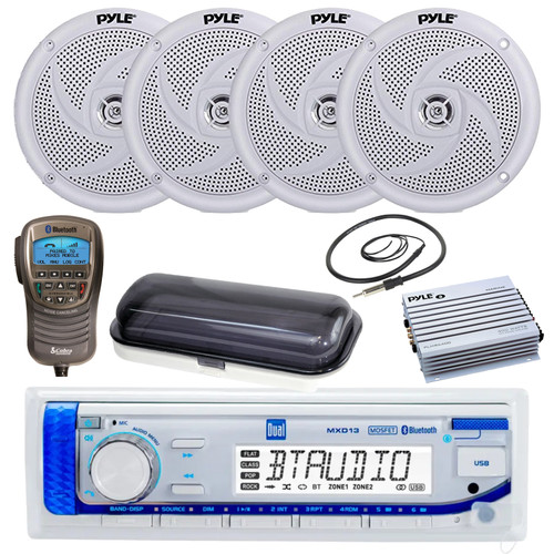 Dual Electronics MXD13 Marine Mechless USB Bluetooth AM/FM MP3 Receiver, 4x 5.25" 180W 2-Way Low Profile Boat Audio White Speakers, 4-Channel Amplifier, Wireless Phone Handset, White Cover, Antenna