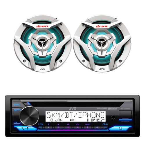 JVC KD-T92MBS Single DIN Marine MotorSports USB Bluetooth AM/FM Stereo CD Player Receiver with 2x JVC CS-DR621MWL 6.5" 260 Watt Peak Power 2-Way Multicolor LED Boat Audio Speakers (White)