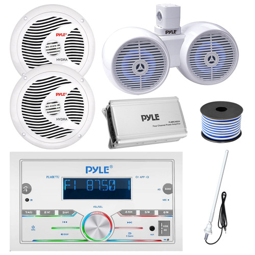 Pyle PLMR77U Double DIN Marine Bluetooth Stereo Receiver, 4-Channel Amplifier, 2x 8'' 180W Boat Audio Speakers, 1x 6.5" 200W Built-in Bluetooth LED Dual Wakeboard Speakers with Wire, Antenna (White)
