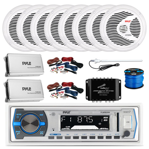 Pyle PLMRB29W in-Dash Marine USB Bluetooth Receiver, 2x 4-Channel Amplifier w/ 2x Wiring Kit, Audio Signal Splitter, 8x 8'' 180 Watt 2-Way Boat Audio Speakers, Wire, Long Range Radio Antenna (White)
