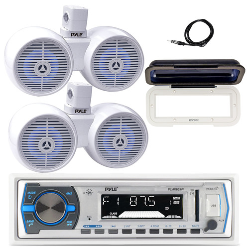 Pyle PLMRB29W Single DIN Marine USB Bluetooth AM/FM Stereo Receiver, 2x 6.5" 200 Watt Peak 2-Way Bluetooth Built-in-LED Dual Wakeboard Water-Resistant Speakers (White), White Radio Cover, 22" Antenna