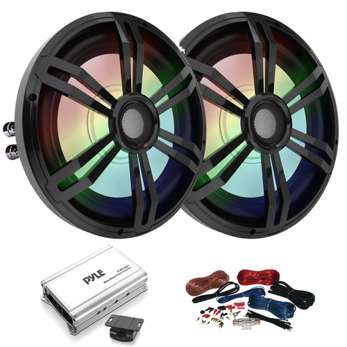 2x Pyle PLRGSW124BK 12'' 500 Watts at Dual 4-Ohms Slim Waterproof Car Audio High-Powered RGB LED Black Subwoofer Bundle Combo With Mono-Block Class D Weather Resistant Amplifier W/Wiring Install Kit