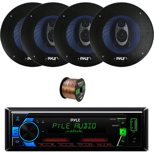 Pyle PLML50FB Single DIN AM/FM MP3 USB/AUX Stereo Receiver Bundle Combo Two Pairs (QTY 4) Of 6.5'' 360 Watt Peak Power 3-Way Car Audio Speakers, 50 Feet 16 Gauge Speaker Wire