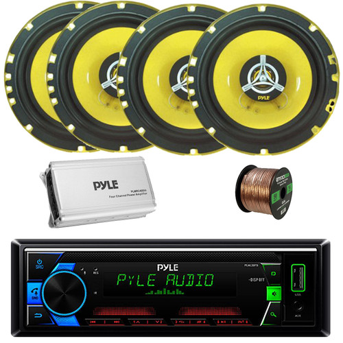 Pyle PLML50FB Single DIN AM/FM MP3 USB/AUX Stereo Receiver, 4x 6.5'' 240 Watt Max Peak Power 2-Way Car Audio Speakers, 4-Channel Weather-Resistant Class D Amplifier, 50 Feet 16 Gauge Speaker Wire