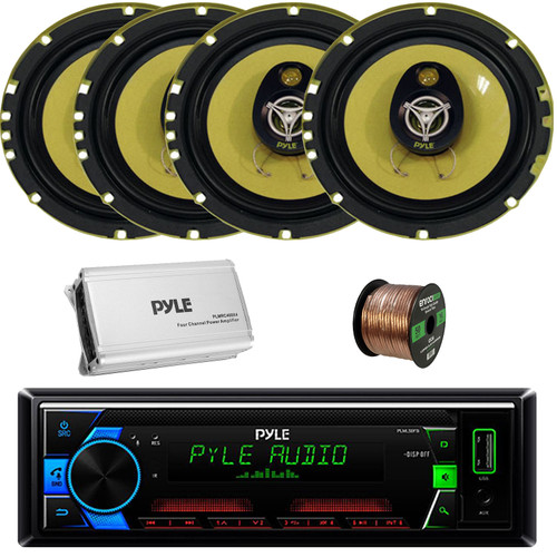 Pyle PLML50FB Single DIN AM/FM MP3 USB/AUX Stereo Receiver, 4x 6.5'' 280 Watt Max Peak Power 3-Way Car Audio Speakers, 4-Channel Weather-Resistant Class D Amplifier, 50 Feet 16 Gauge Speaker Wire